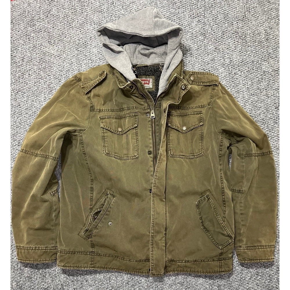 Levi's Olive Sherpa Lined Hooded Military Jacket Men's Size L Full Zip